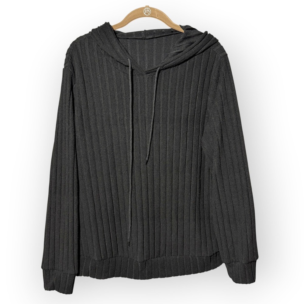 SHEIN Curve Womens 1XL Black Ribbed Knit Long Sleeve Hoodie Pullover‎ Top